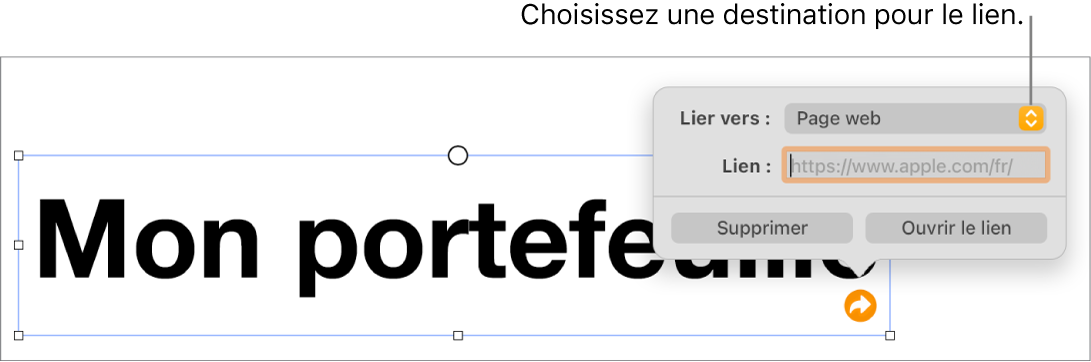 Les commandes de l’éditeur de liens avec une page web sélectionnée et les boutons Supprimer et Ouvrir le lien en bas.