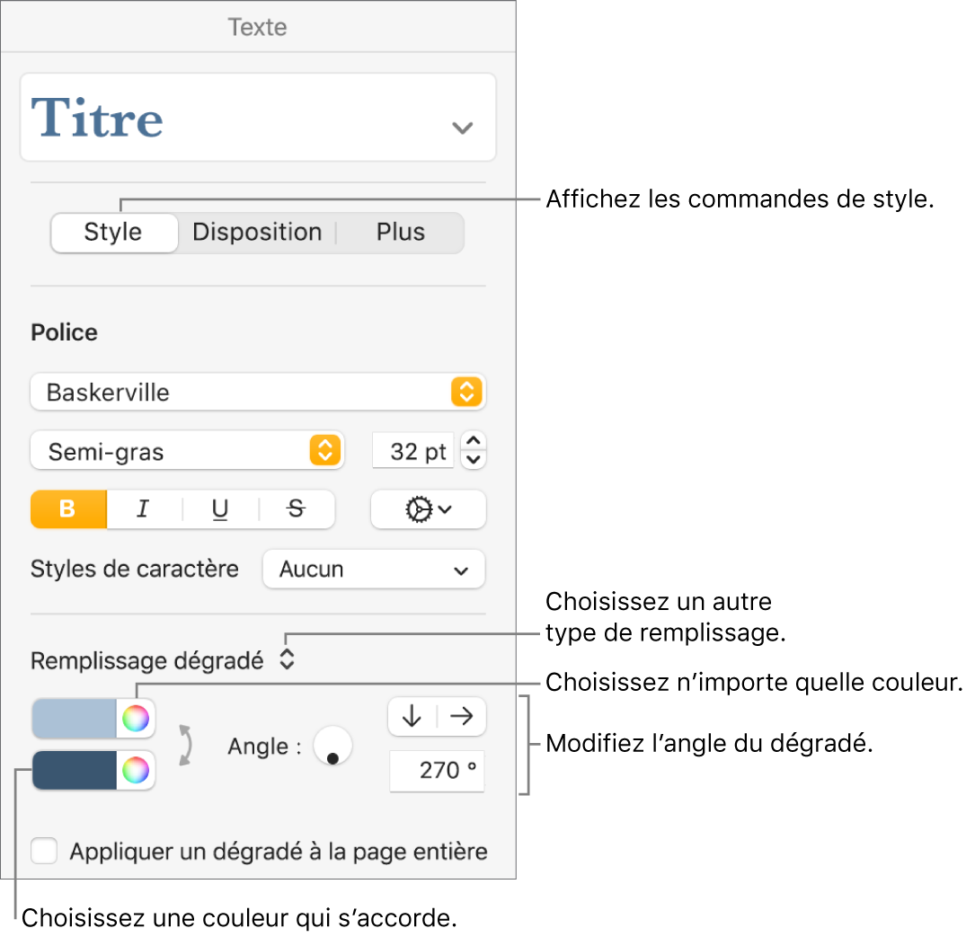 Commandes permettant de choisir des couleurs prédéfinies ou une tout autre couleur.