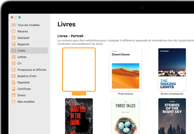 La liste de modèles avec la catégorie Livres sélectionnée à gauche et les modèles de livre en orientation portrait à droite.