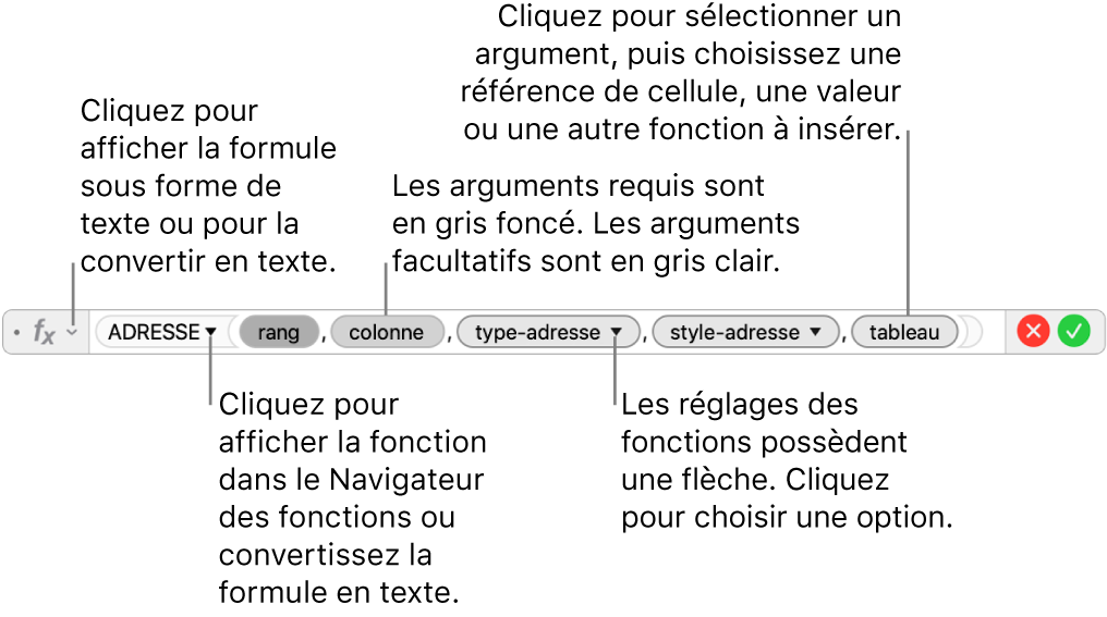 Éditeur de formule affichant la fonction ADRESSE et les jetons d’argument correspondants.