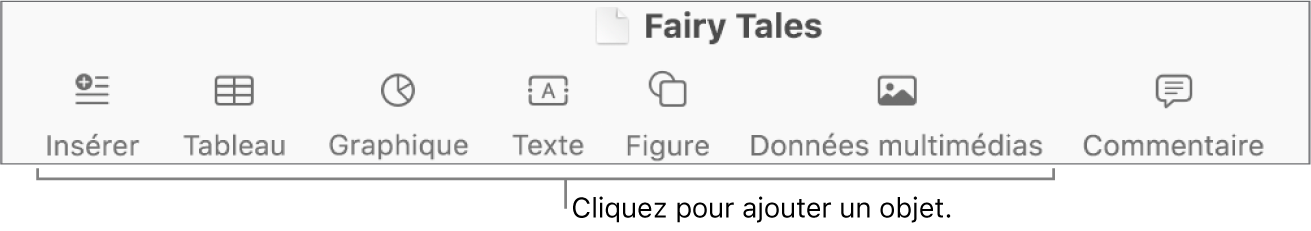 La barre d’outils avec des boutons permettant d’ajouter des tableaux, graphiques, zones de texte, figures et contenu multimédia.