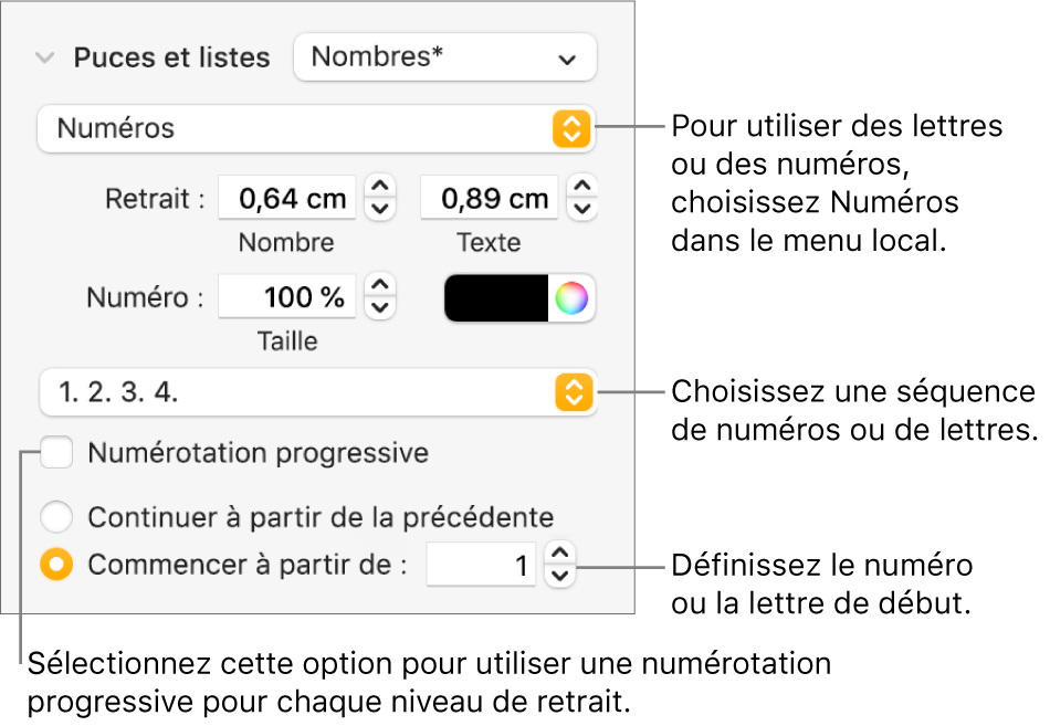 Commandes de modification du style de numérotation et de l’espacement d’une liste.