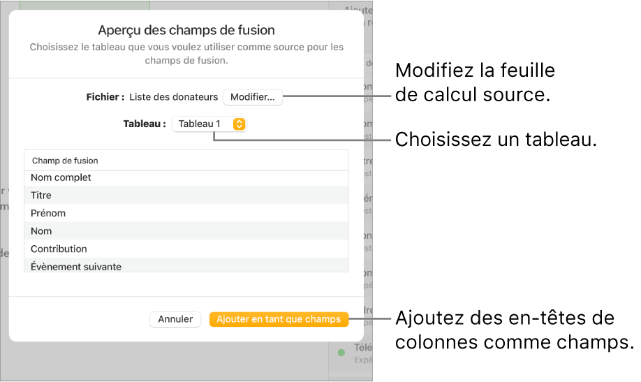 Sous-fenêtre « Aperçu des champs de fusion » ouverte, avec des options pour modifier le fichier ou le tableau source, prévisualiser les noms des champs de fusion ou ajouter les en-têtes de colonnes en tant que champs.