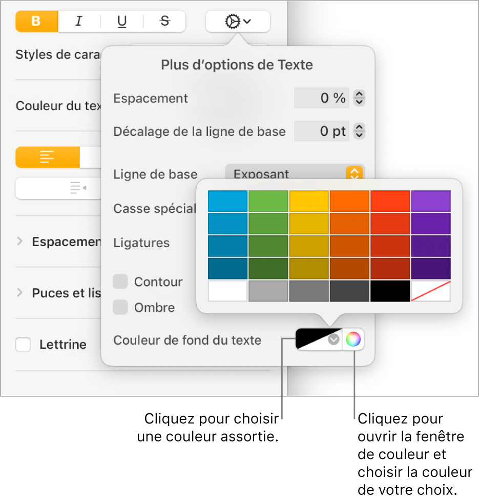 Commandes de sélection d’une couleur d’arrière-plan pour le texte.