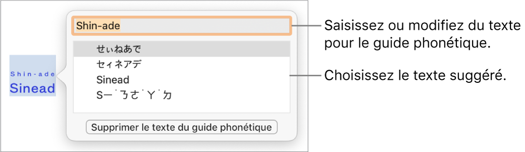 Le guide phonétique ouvert pour un mot, accompagné de légendes traitant du champ de texte et du texte suggéré.