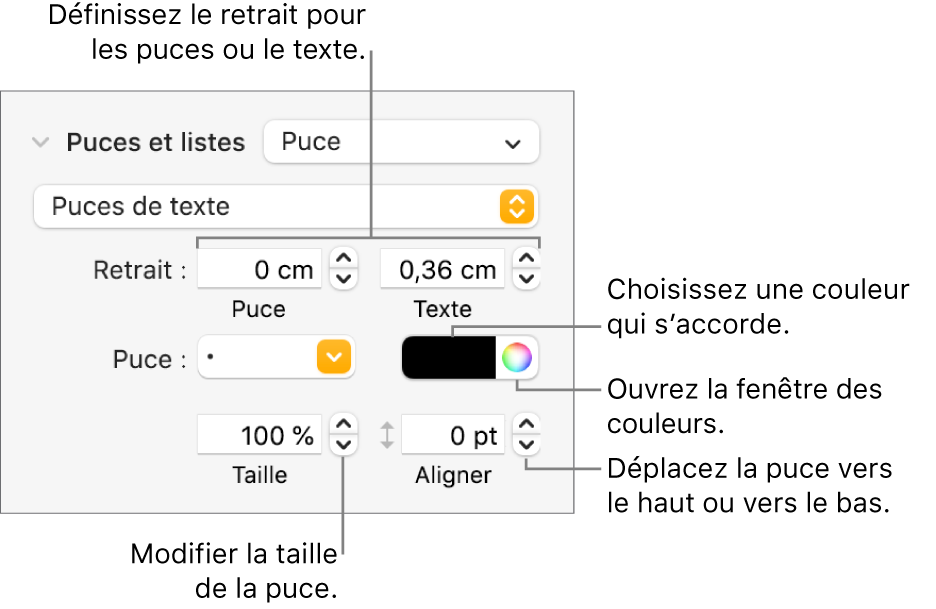 Section Puces et listes accompagnée des légendes des commandes pour le retrait des puces et du texte, la couleur des puces, leur taille et leur alignement.