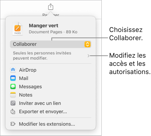 Le menu Partager avec l’option Collaborer sélectionnée en haut, et des réglages d’accès et d’autorisation en dessous.