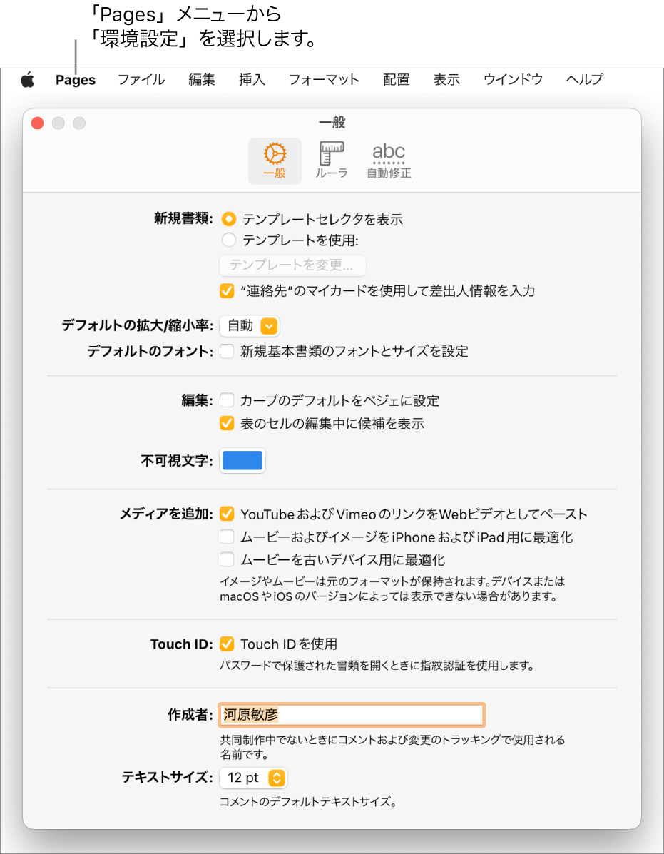 Pagesの設定パネルで「一般」タブが開いています。