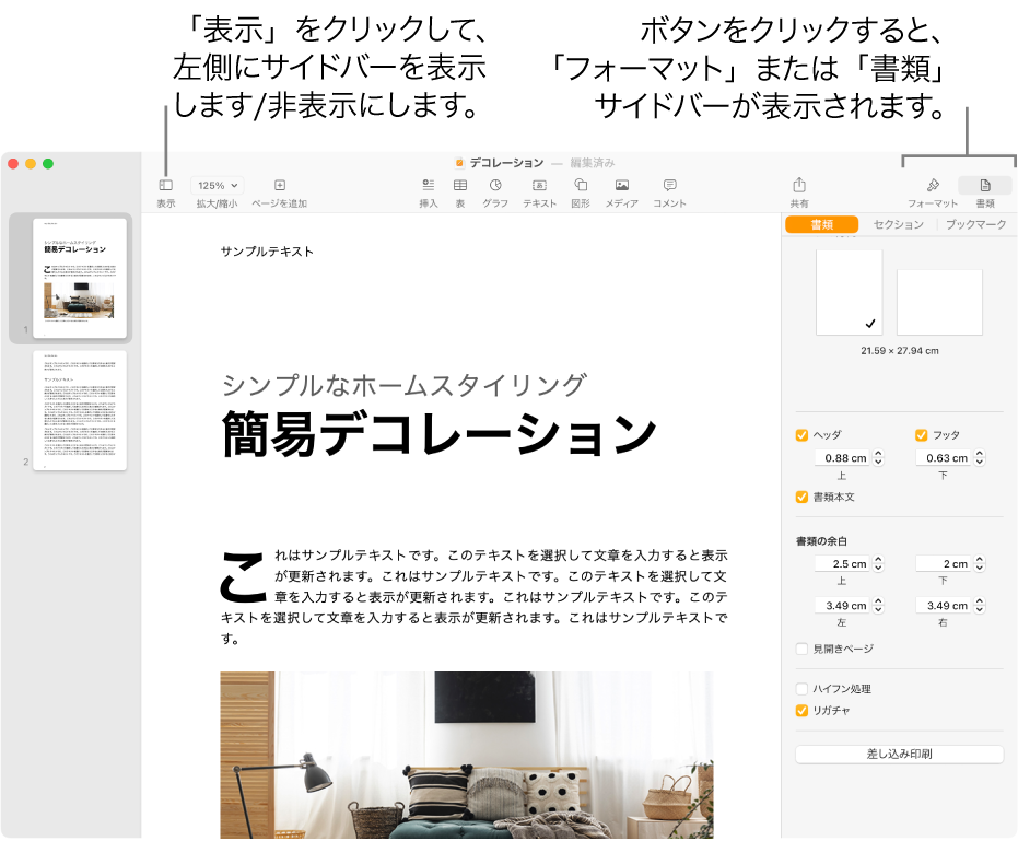 Pagesウインドウ。ツールバーの「表示」メニューボタン、「フォーマット」ボタン、および「書類」ボタンへのコールアウトが表示された状態。サイドバーは、左右で開いています。