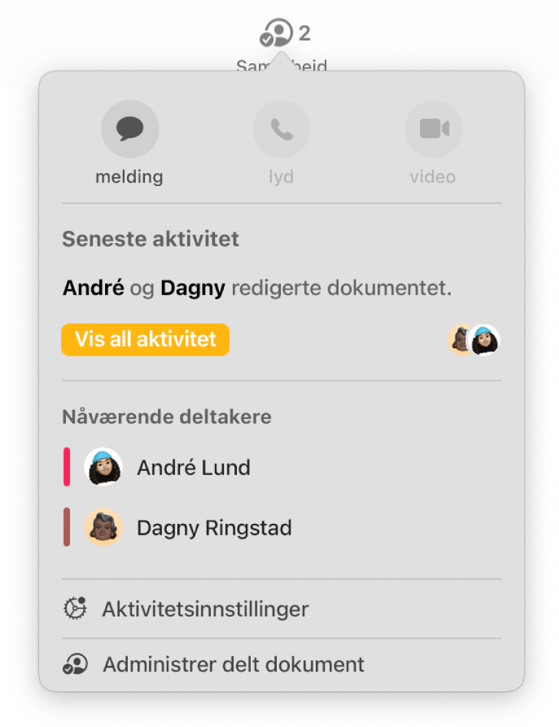 Samarbeid-menyen som viser navnene til personer som samarbeider om dokumentet.
