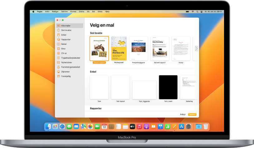 En MacBook Pro med Pages-malvelgeren på skjermen. Alle maler-kategorien er markert til venstre, og forhåndsdesignede maler vises til høyre i rader etter kategori.