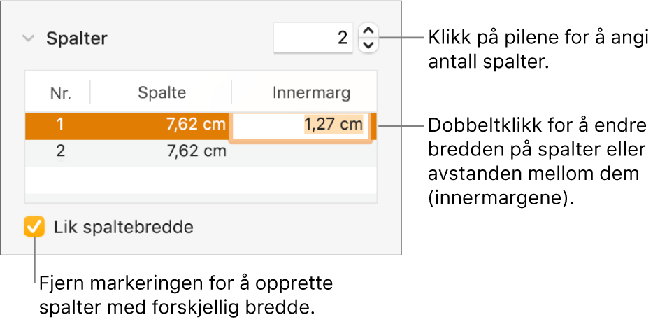 Layoutpanel for formatinspektøren, med spaltekontroller.