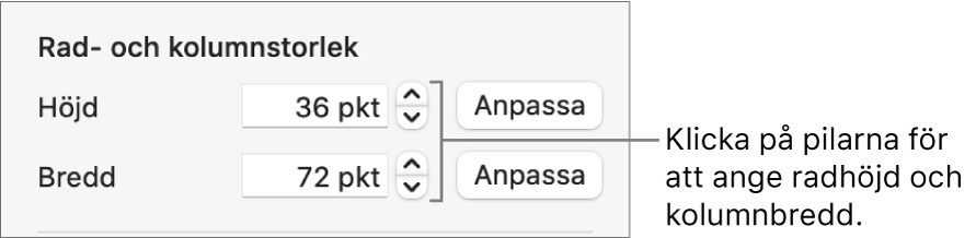Reglagen för att ställa in en exakt rad- eller kolumnstorlek.