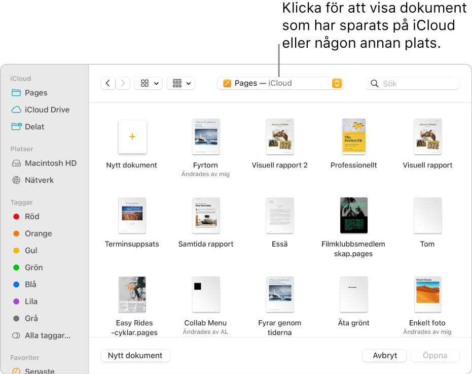 Dialogrutan med sidofältet öppet till vänster och iCloud Drive valt i popupmenyn upptill. Mappar för Keynote, Numbers och Pages visas i dialogrutan tillsammans med knappen Nytt dokument.