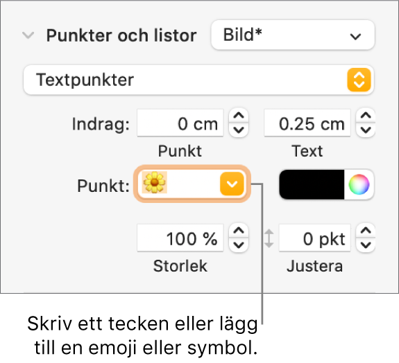 Avsnittet Punkter och listor i formatsidofältet. Fältet Punkt visar en blomemoji.