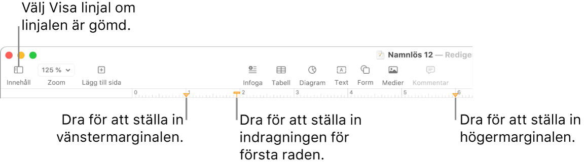 Linjalen med vänster marginalreglage och reglage för första radens indrag.