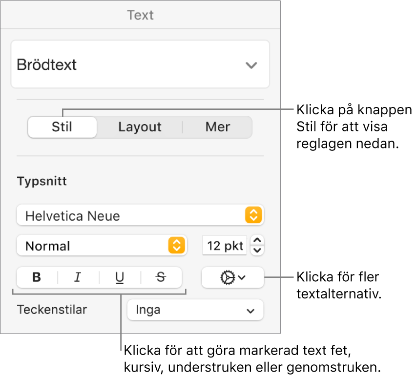 Stilreglagen i formatsidofältet med pilar som pekar på knapparna för fetstil, kursivering, understrykning och genomstrykning.