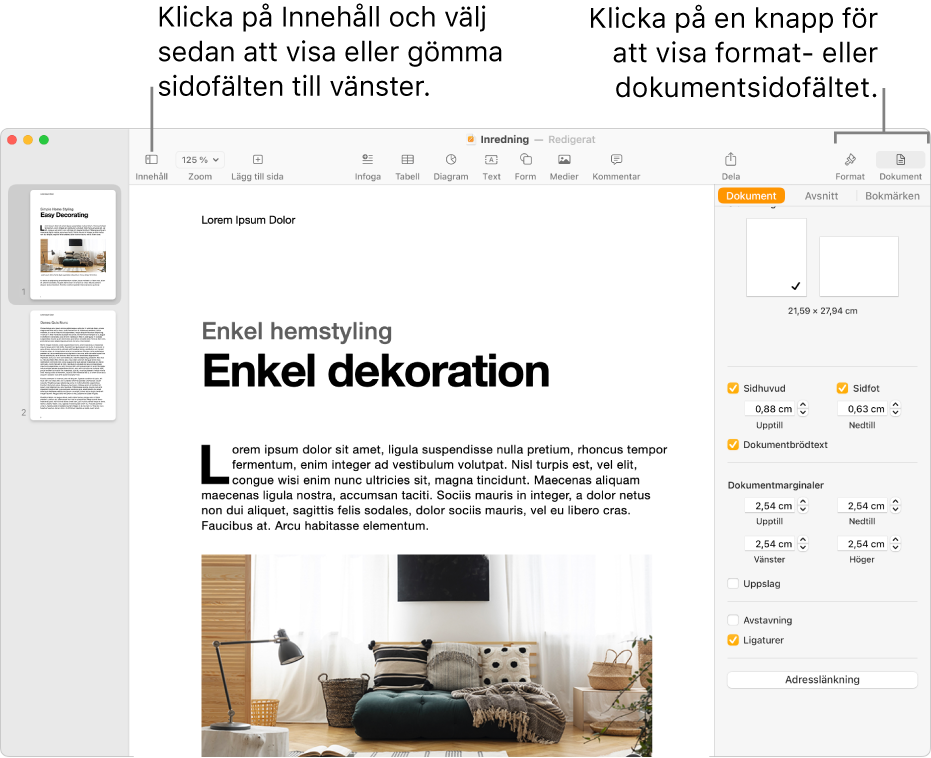 Pages-fönstret med linjer som pekar på menyknappen Innehåll och knapparna Format och Dokument i verktygsfältet. Sidofält är öppna till vänster och till höger.