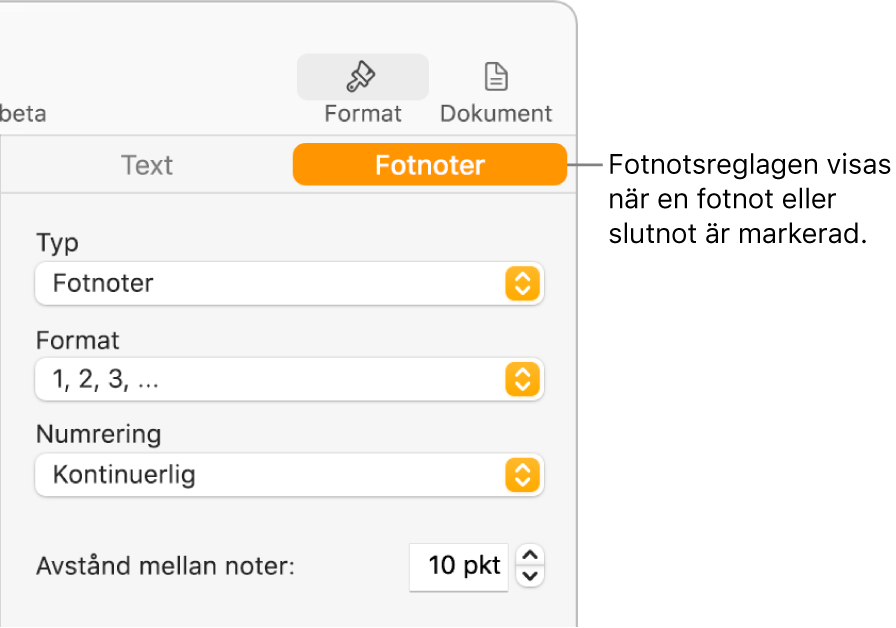 Panelen Fotnoter med popupmenyer för typ, format, numrering och mellanrum mellan fotnoterna.