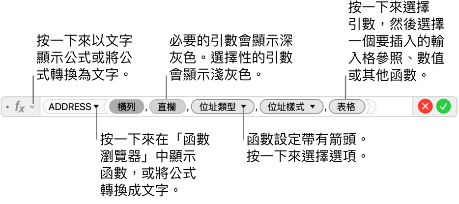 顯示 ADDRESS 函數與其引數代號的公式編輯器。