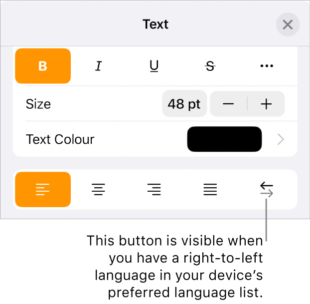 Text controls in the Format menu with a callout pointing to the Right to Left button.