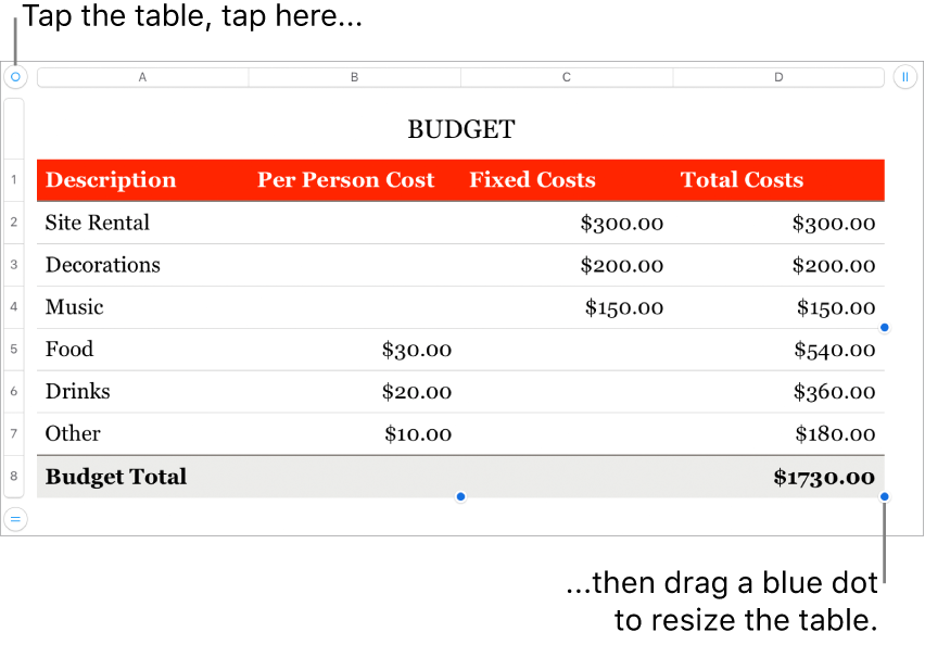 A selected table with blue dots for resizing.