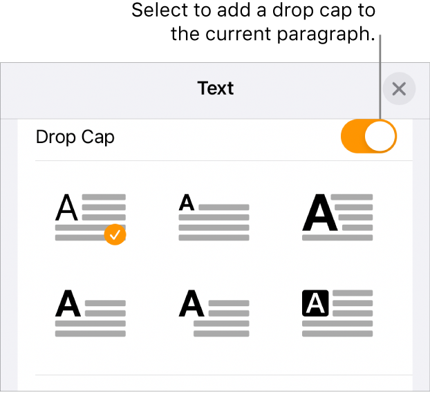 The Drop Cap controls located at the bottom of the Text menu.