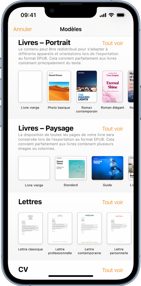 La liste de modèles avec les modèles de livre en orientation portrait en haut et en orientation paysage en dessous.