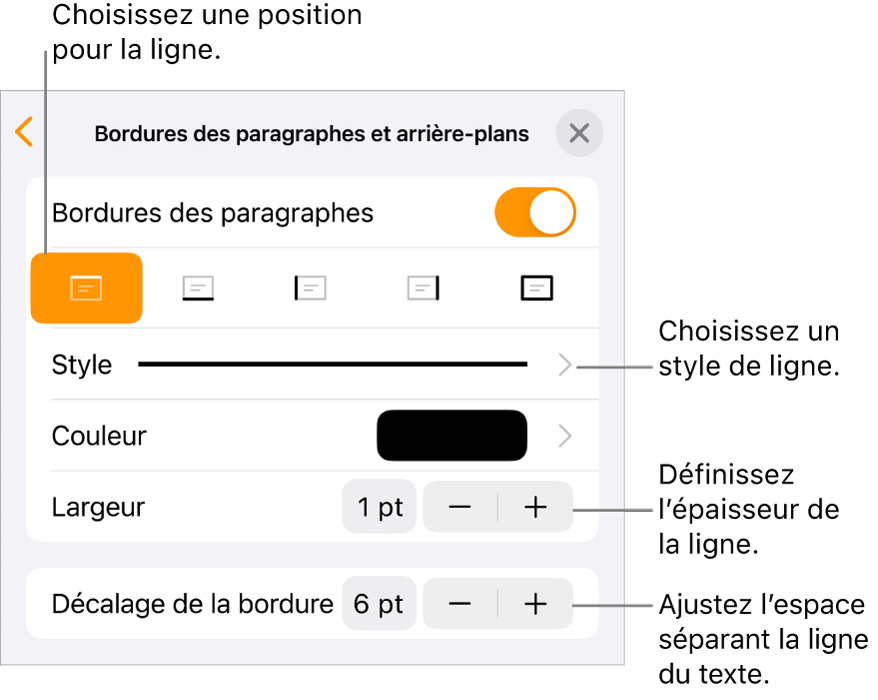 Commandes permettant de modifier le style, l’épaisseur, la position et la couleur de la ligne.