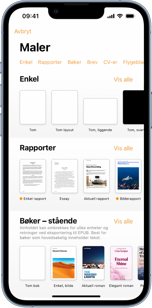 Malvelgeren med en rad med kategorier langs toppen som du kan trykke på for å filtrere alternativene. Nedenfor vises miniatyrbilder av forhåndsdesignede maler arrangert i rader etter kategori, med Ny øverst, etterfulgt av Sist brukte og Enkel. En Vis alle-knapp vises over og til høyre for hver kategorirad.