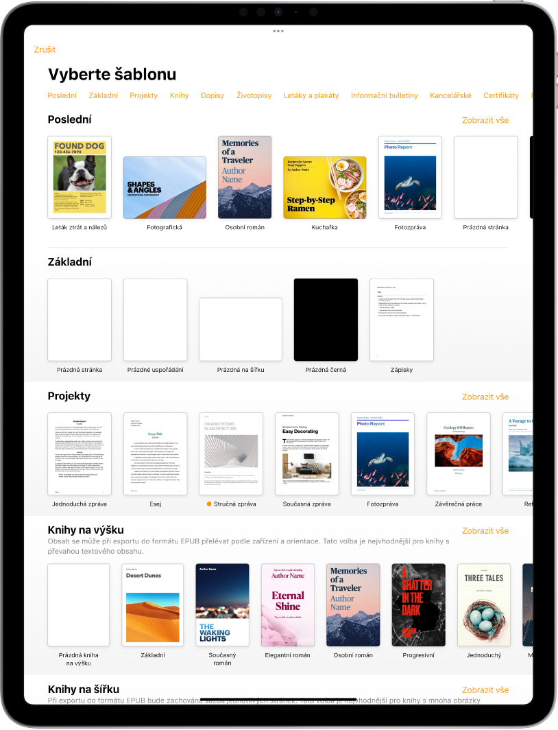 Okno pro výběr šablon s řádkem kategorií u horního okraje; klepnutím na ně můžete filtrovat možnosti pro výběr. Pod ním jsou vidět miniatury předdefinovaných šablon, uspořádané v řádcích podle kategorií. Na začátku je položka Poslední a pak následují Základní a Projekty. U řádku každé kategorie je vpravo nahoře zobrazeno tlačítko Zobrazit vše.