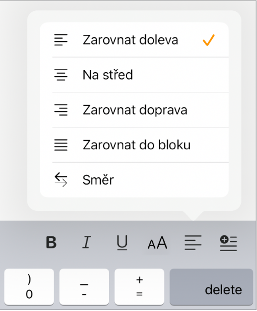 Formátovací panel s ovládacími prvky pro odsazení textu a zarovnání odstavců