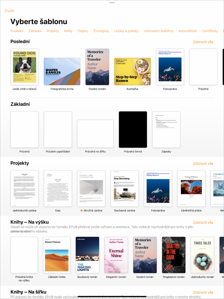 Okno pro výběr šablon s řádkem kategorií u horního okraje; klepnutím na ně můžete filtrovat možnosti pro výběr. Pod ním jsou vidět miniatury předdefinovaných šablon, uspořádané v řádcích podle kategorií. Na začátku je položka Poslední a pak následují Základní a Projekty. U řádku každé kategorie je vpravo nahoře zobrazeno tlačítko Zobrazit vše. Tlačítko Jazyk a oblast se nachází v pravém horním rohu