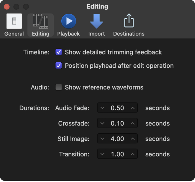 The Editing pane of the Final Cut Pro Settings window