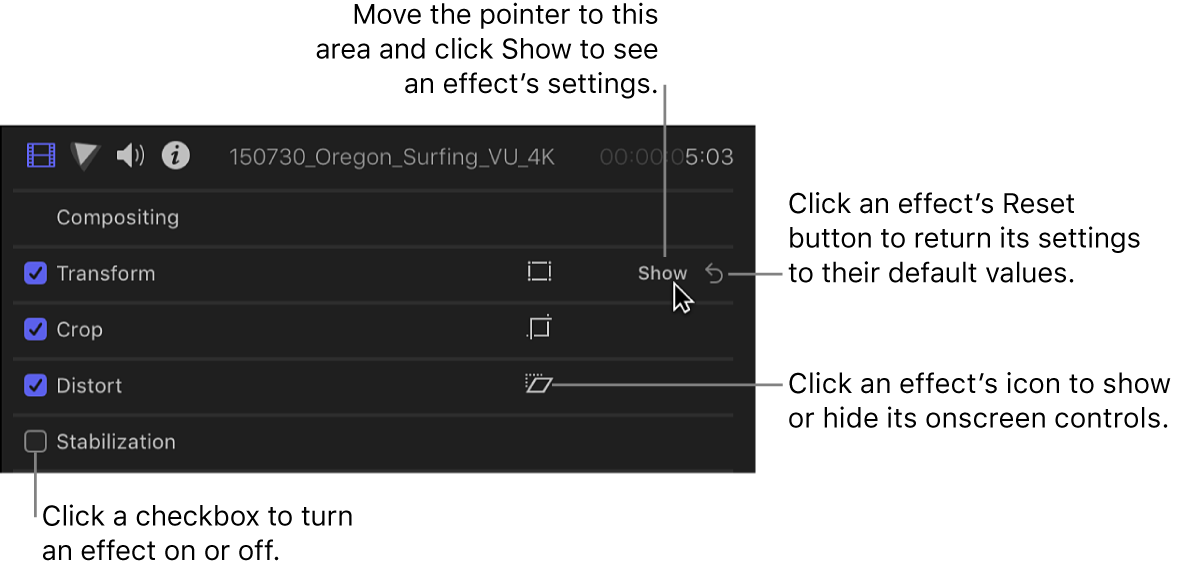 The Video inspector showing the effect controls