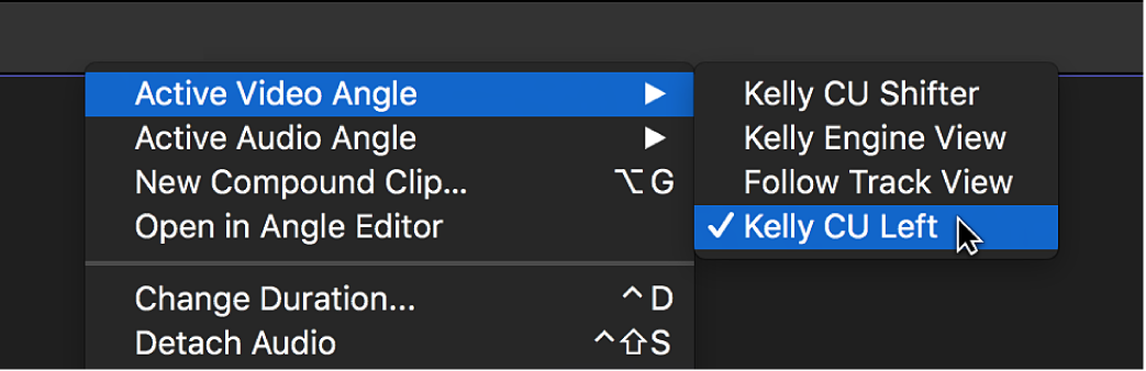 The active video angle being switched using a shortcut menu in the timeline