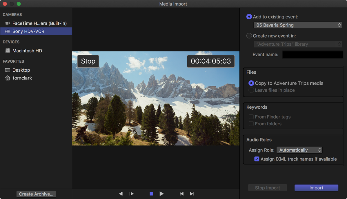 The Media Import window displaying the frame at the tape timecode position