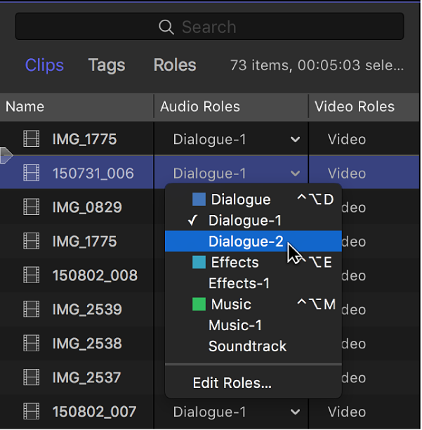 La columna “Funciones de audio” del panel Clips del índice de la línea de tiempo con un menú que muestra las subfunciones disponibles