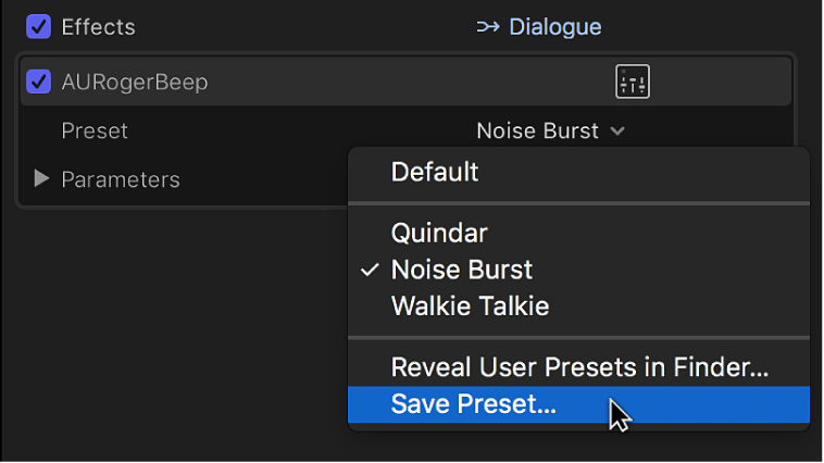 Sección Efectos del inspector de audio con la opción “Guardar preajuste” en el menú desplegable Preajuste