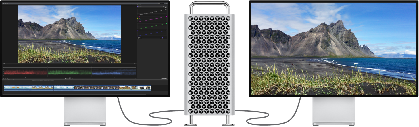 Un Mac Pro con una pantalla Pro Display XDR conectada con la interfaz de Final Cut Pro y una segunda Pro Display XDR solo con el contenido del visor