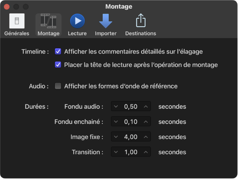 Sous-fenêtre Montage de la fenêtre Réglages de Final Cut Pro