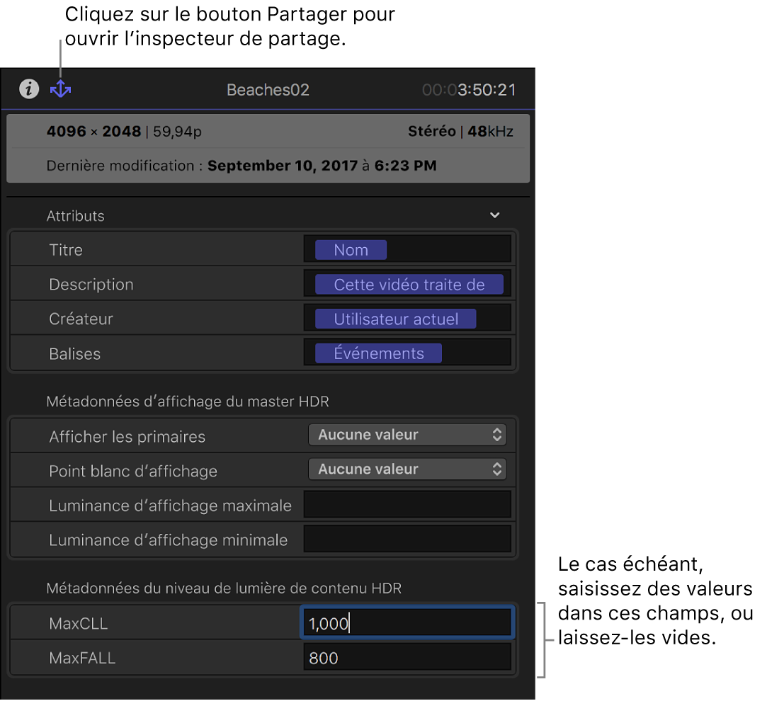 Inspecteur de partage affichant les champs de métadonnées Wide Gamut HDR - Rec. 2020 PQ