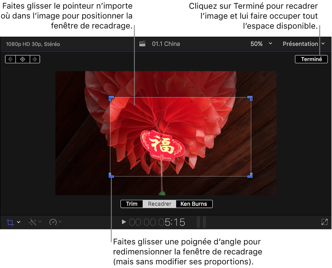 Visualiseur affichant les commandes à l’écran Recadrer