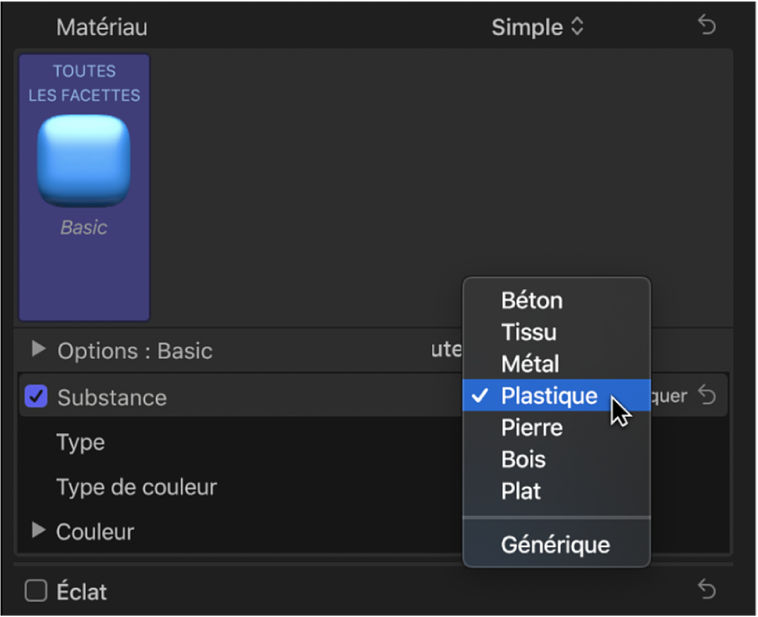 Inspecteur de texte montrant le menu local Substance dans la section Matériau de la section Texte 3D, avec l’option Plastique sélectionnée