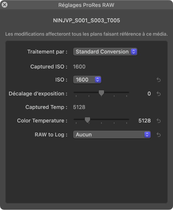 Fenêtre des réglages ProRes RAW affichant les réglages de l’option Conversion standard