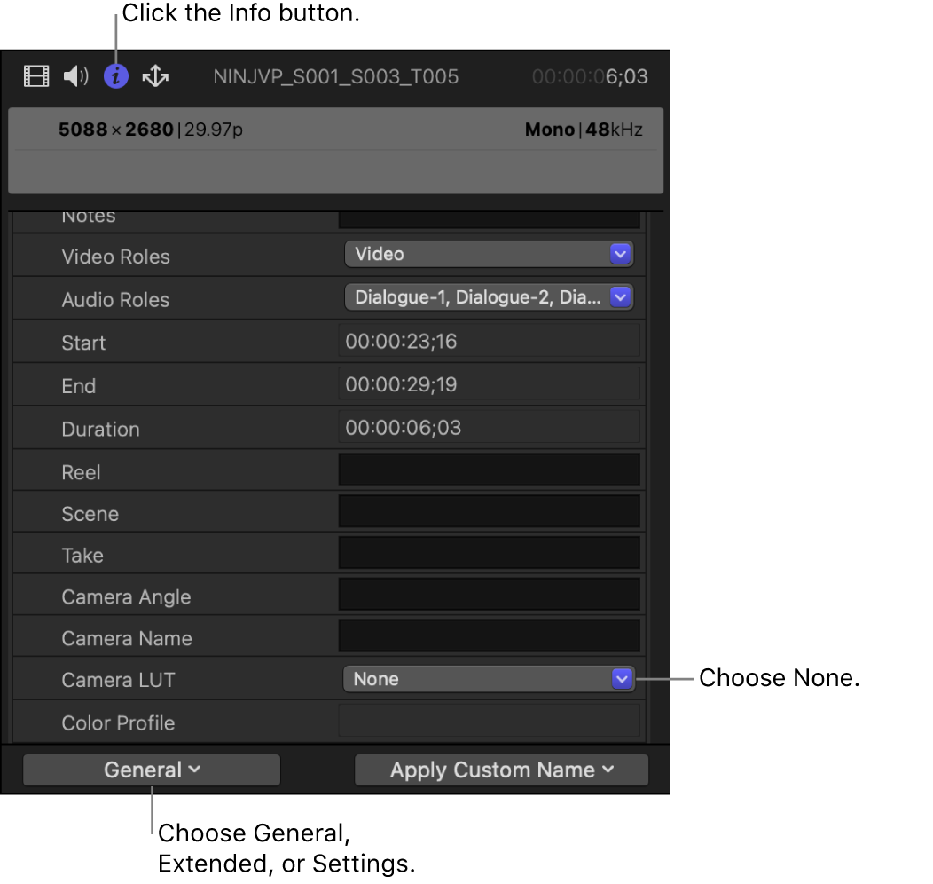 「一般」メタデータ表示で「カメラのLUT」が「なし」に設定された「情報」インスペクタ