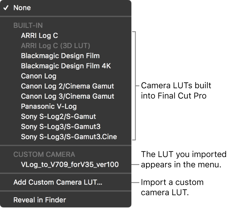 「カメラのLUT」ポップアップメニュー