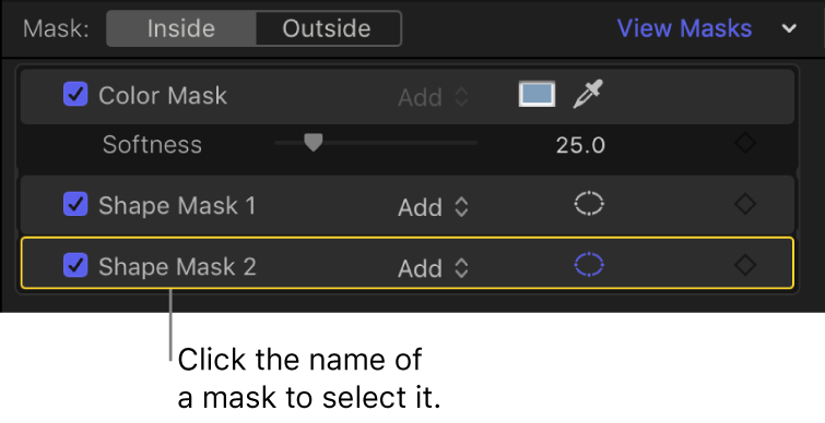 「カラー」インスペクタのマスクセクション。選択した「シェイプマスク」項目が表示されている