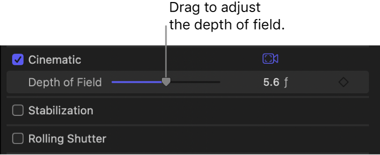 「フィールドの深度」スライダが表示されている「ビデオ」インスペクタの「シネマティック」セクション