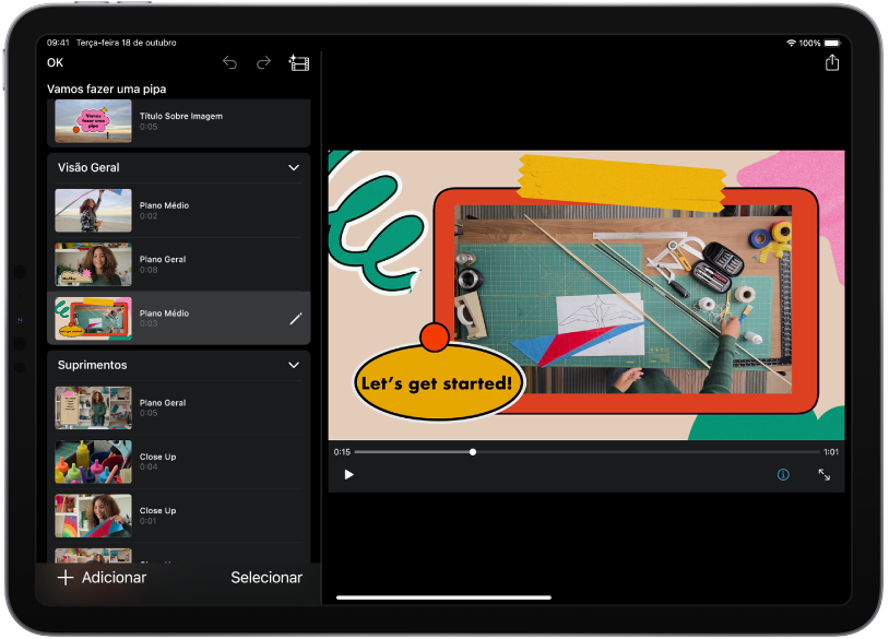 Um projeto de storyboard no iMovie de um iPad.